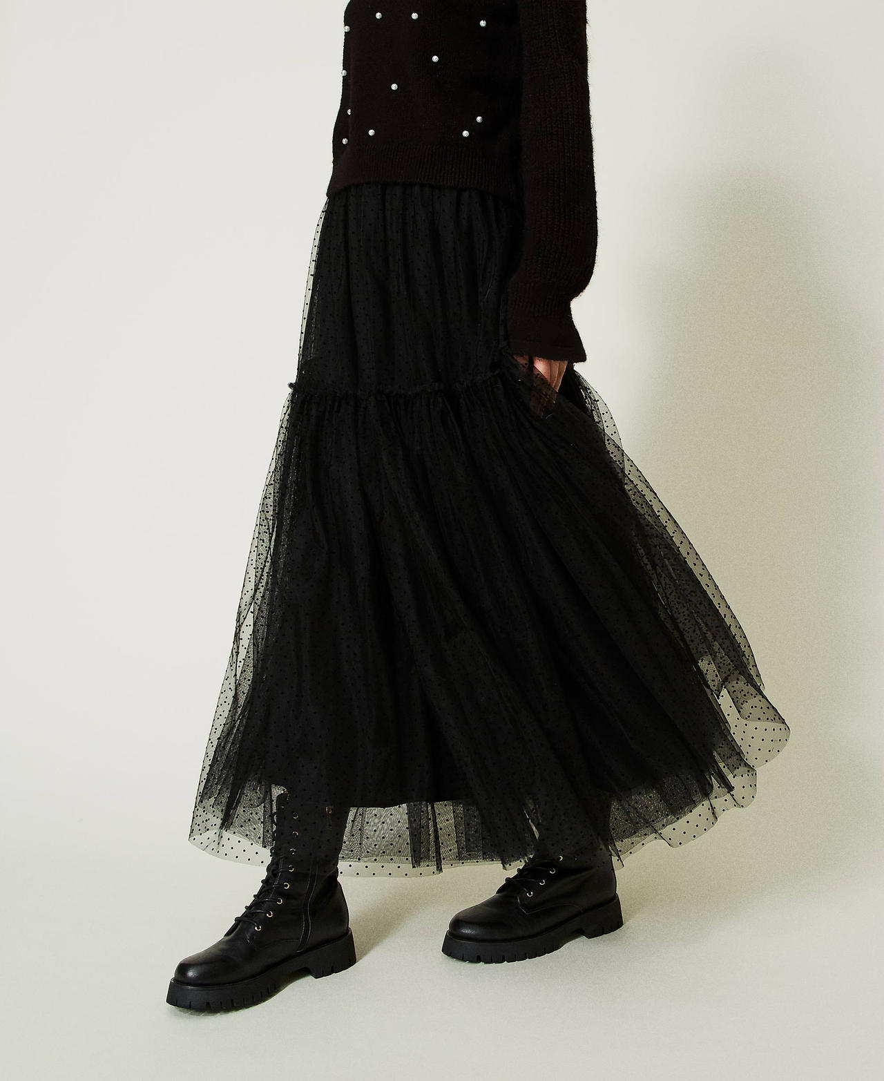 Plumetis tulle long skirt Black Woman 232LL2HLL-02