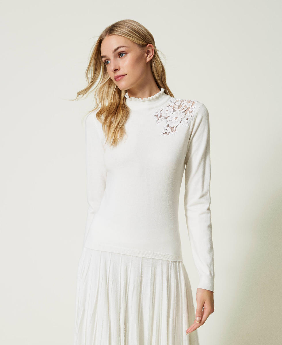 Wool blend turtleneck jumper with lace Woman, White | TWINSET Milano