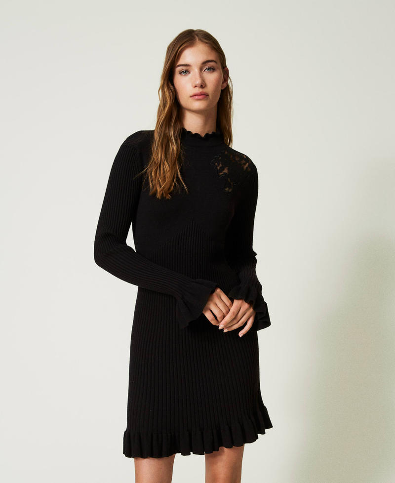Short knit dress with lace Black Woman 232LL3DBB-01