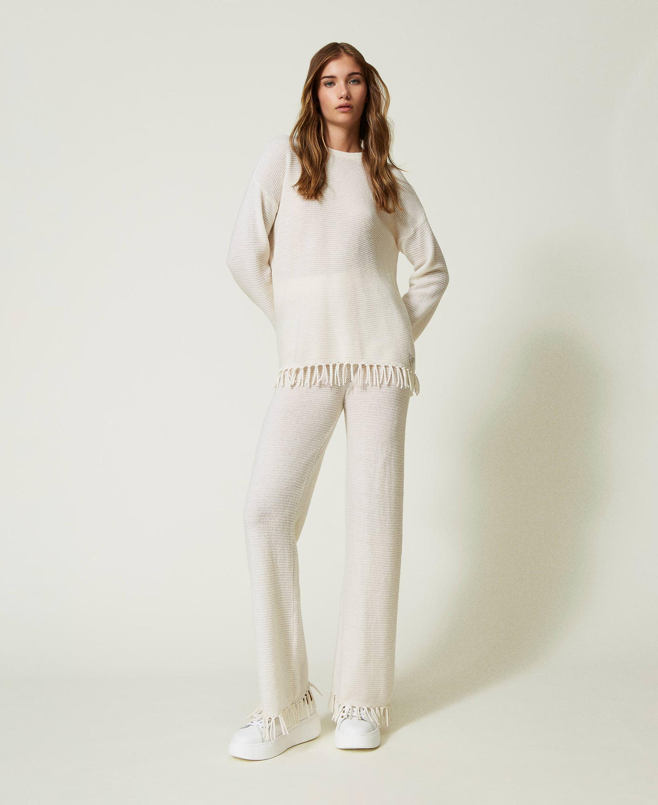 Pantaloni in lana con frange Donna Bianco TWINSET Milano