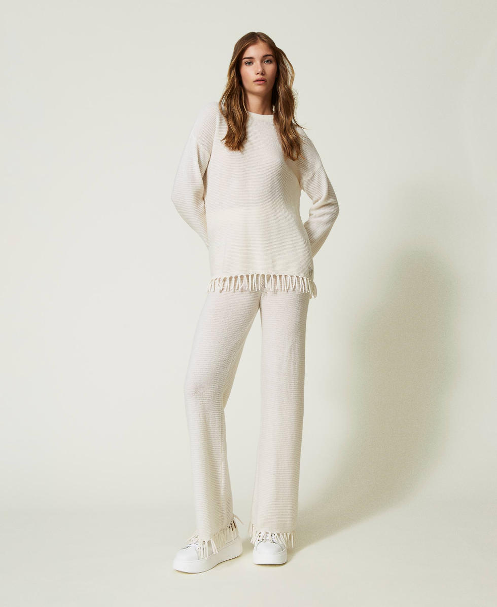 Pantaloni in lana con frange Donna, Bianco