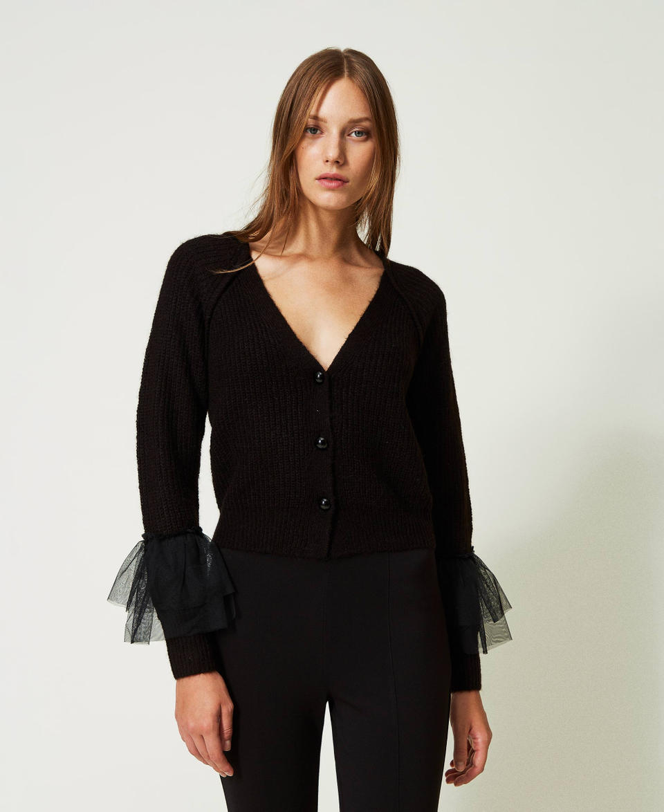 Cardigan with tulle ruffles Woman Black TWINSET Milano