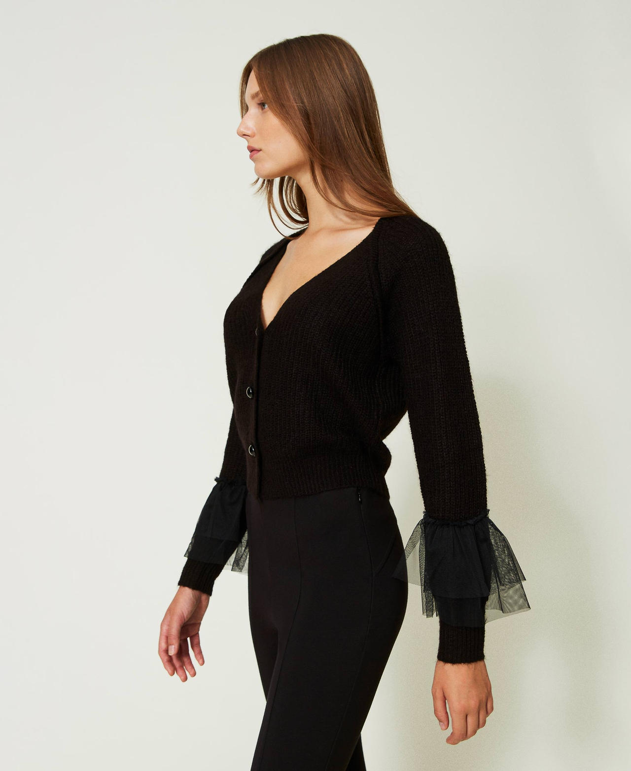 Cardigan with tulle ruffles Black Woman 232LL3L11-02