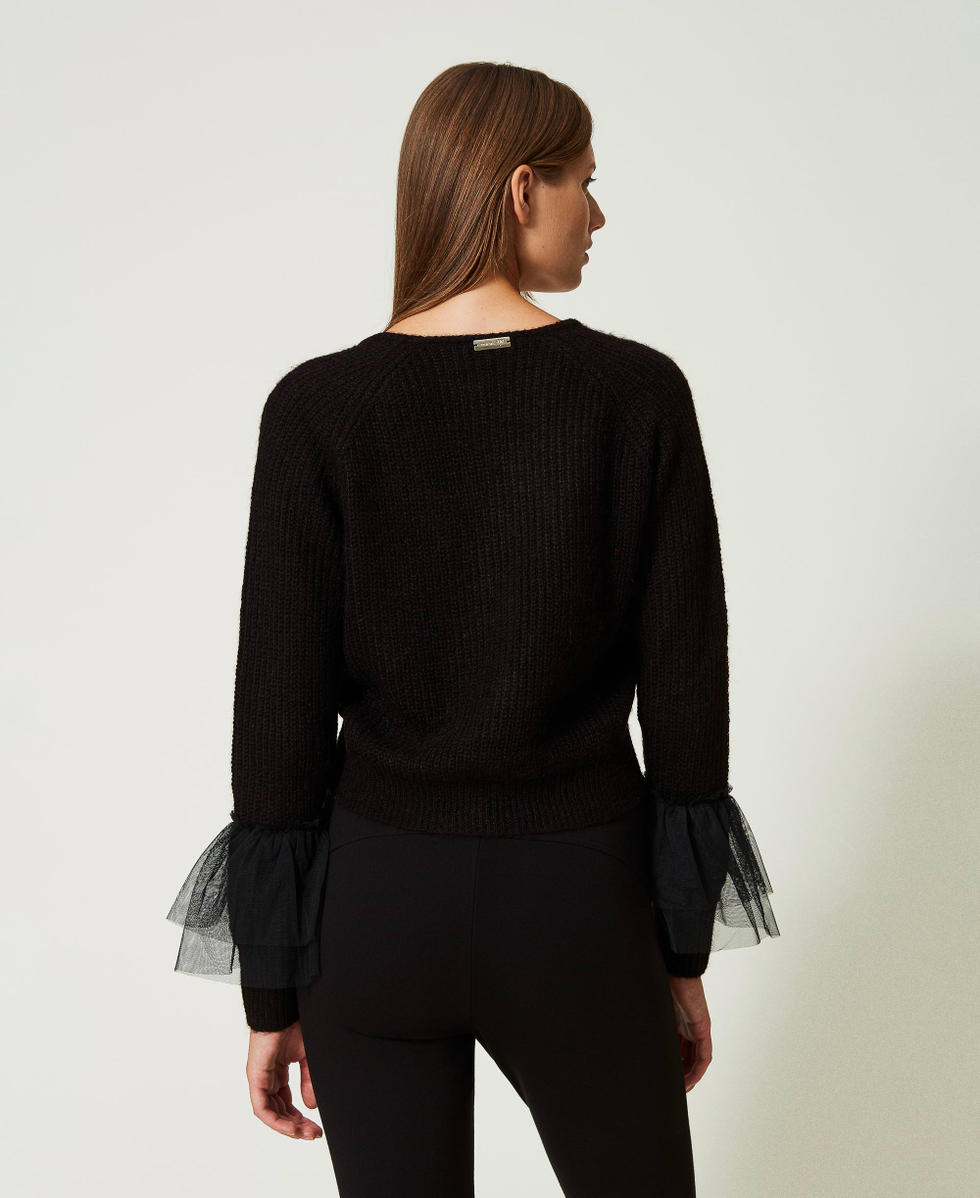 Cardigan with tulle ruffles Woman, Black | TWINSET Milano