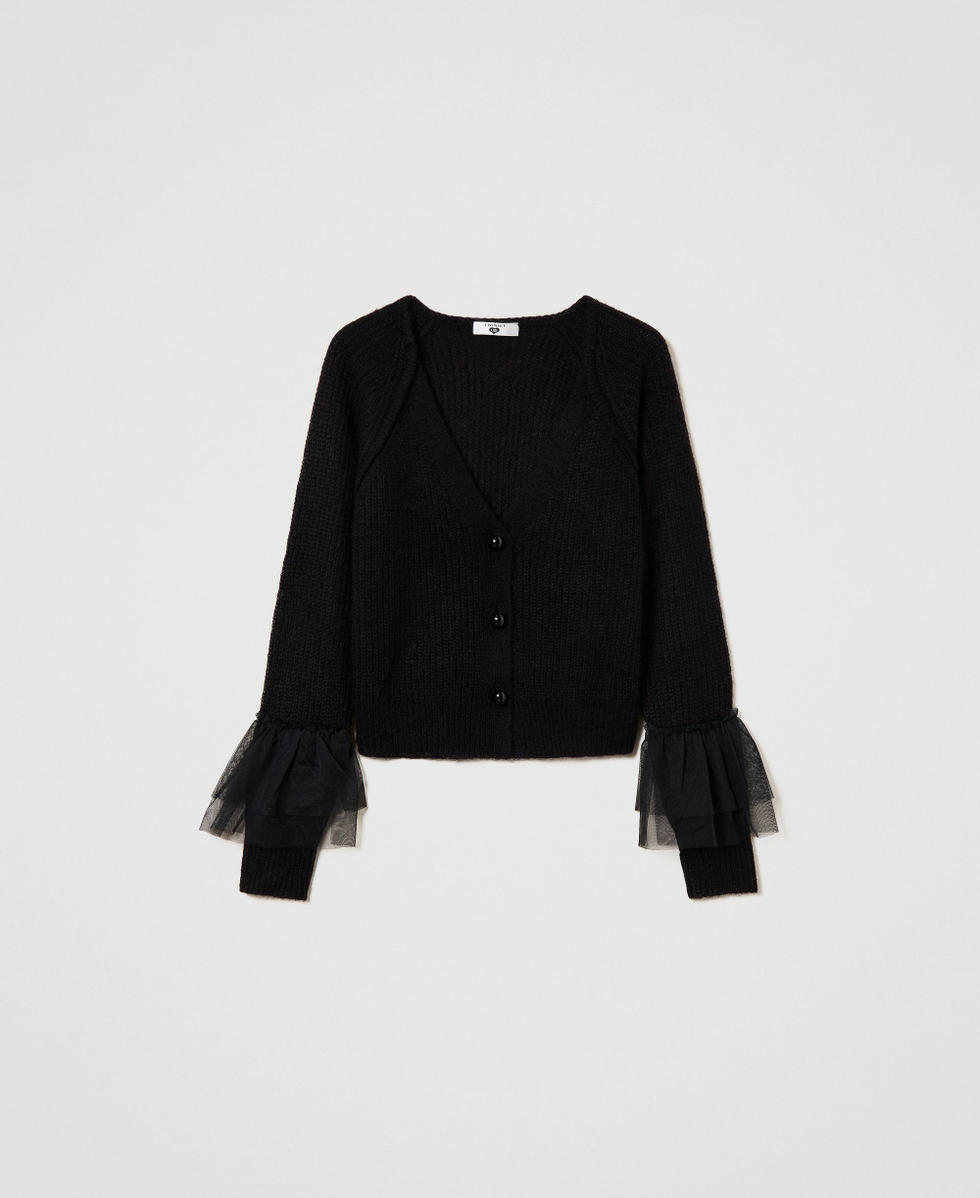 Cardigan with tulle ruffles Woman, Black | TWINSET Milano
