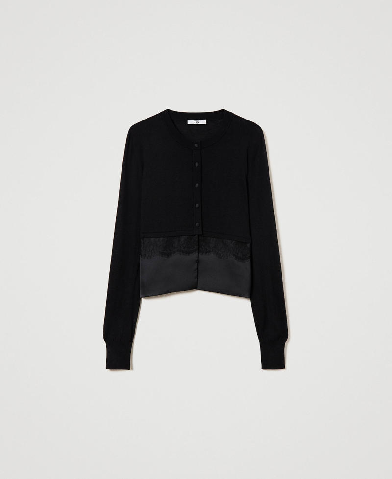 Cardigan con balza in raso e pizzo