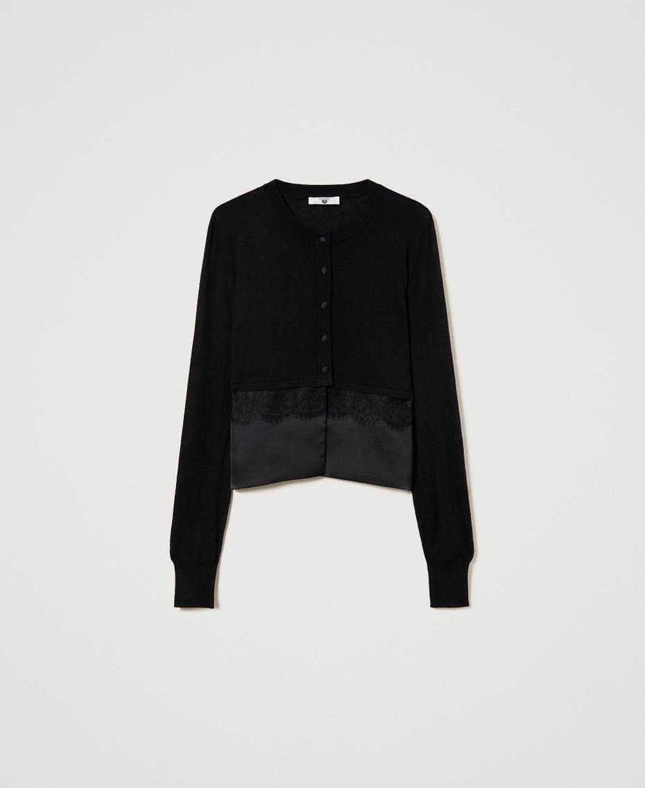 Cardigan con balza in raso e pizzo