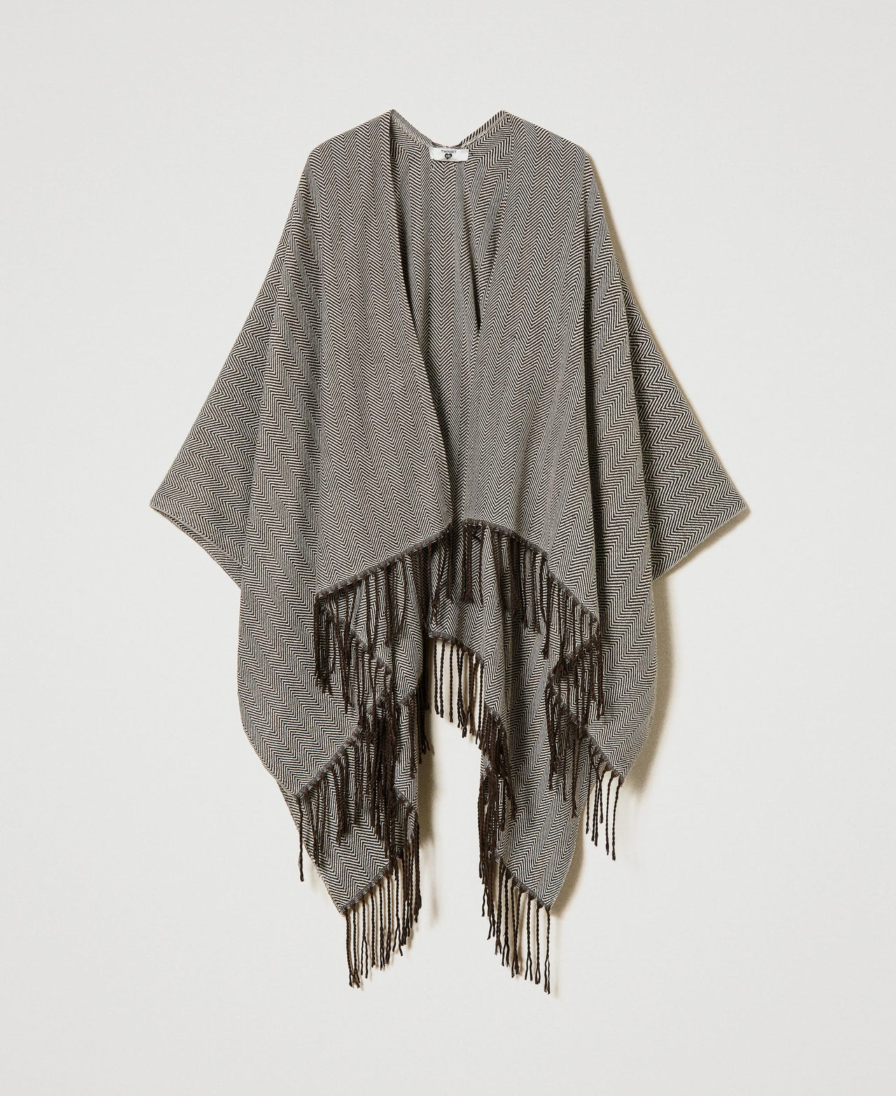 Chevron wool cloth poncho with fringes Two-tone Coffee Bean” Brown / Mother of Pearl Woman 232LL5AAA_11126_0S