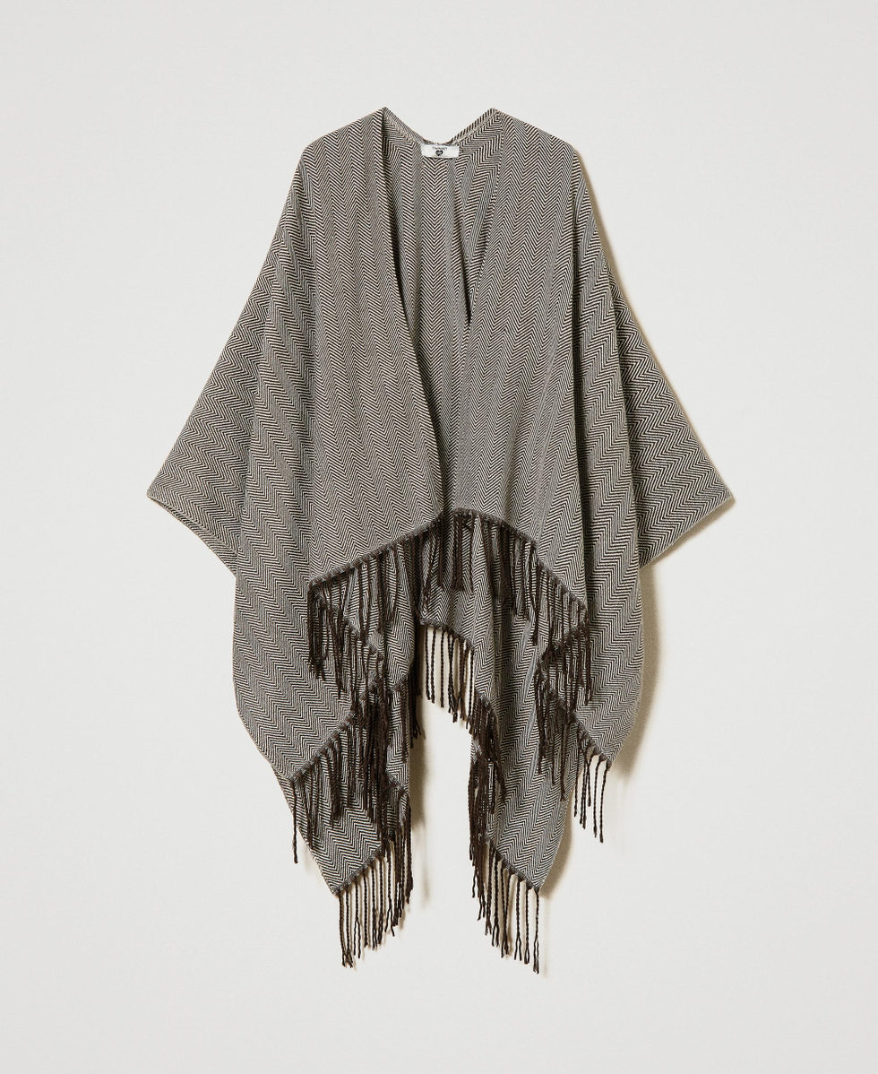 Poncho aus Tuch mit Fischgrat und Fransen