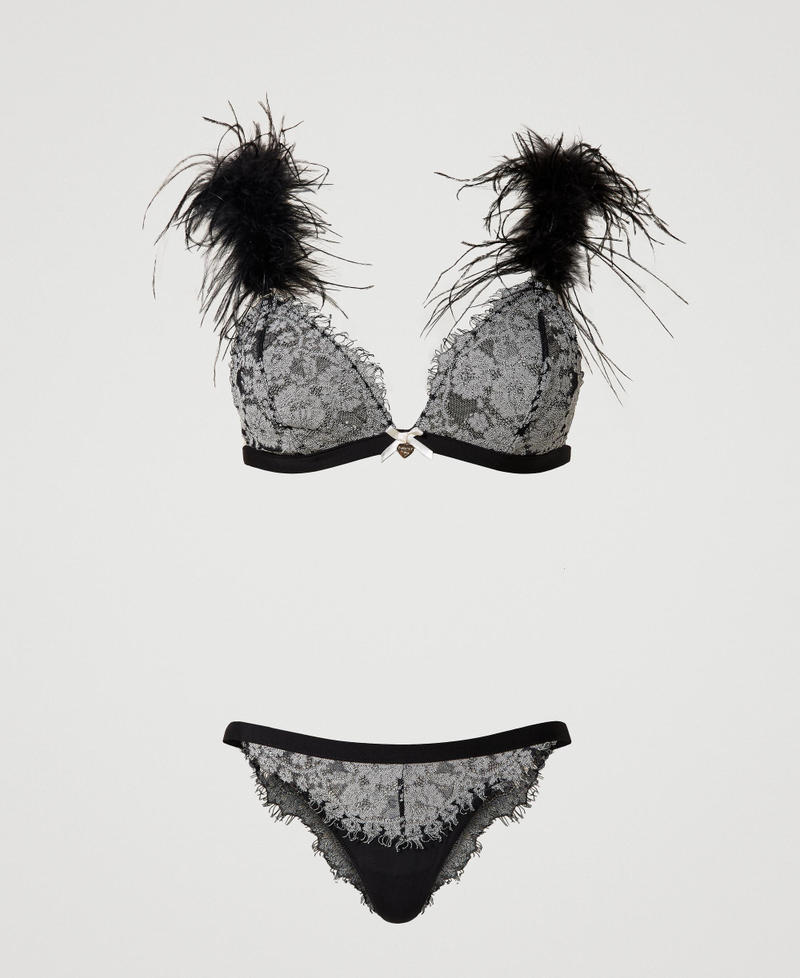 Triangle bra and Brazilian briefs with feathers Two-tone Black / Mother-of-pearl Woman 232LL6B22-0S