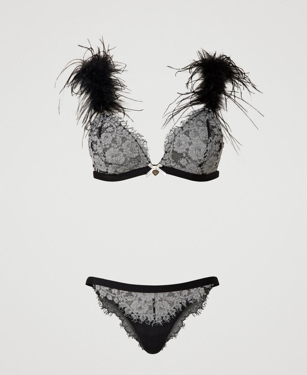Triangle bra and Brazilian briefs with feathers Two-tone Black / Mother-of-pearl Woman 232LL6B22_11107_S0