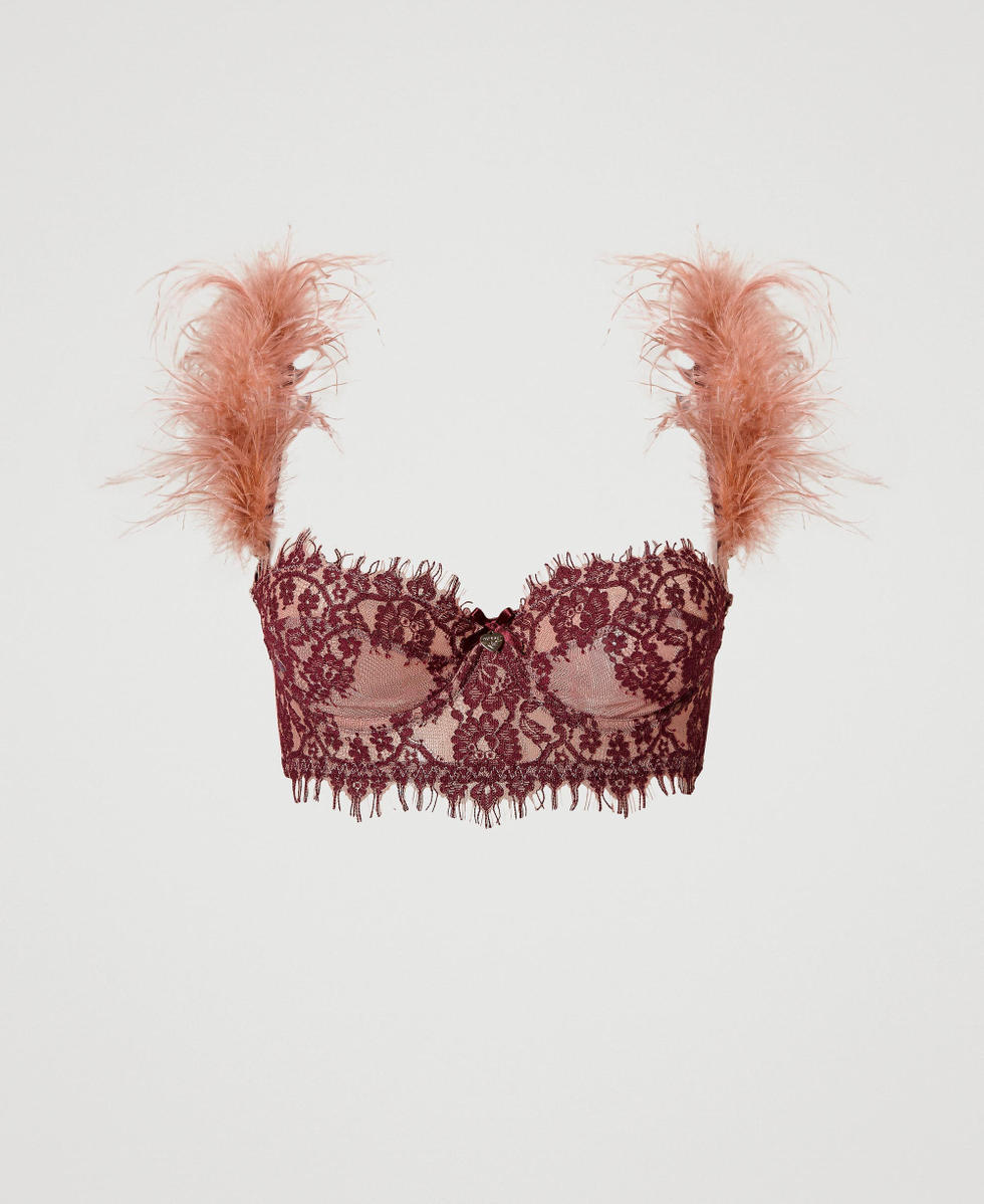 Lace balconette bra with feathers Woman, Pink