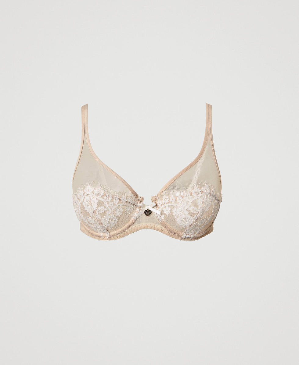Underwire lace and tulle bra Woman, Beige