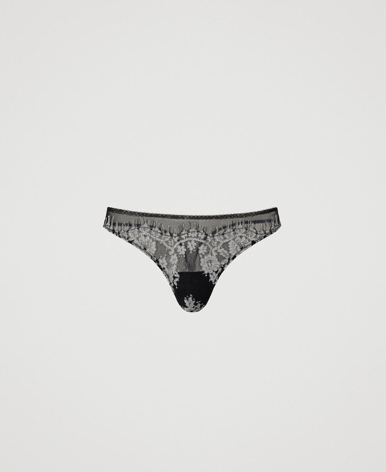 Tulle and lace g-string Two-tone Black / Mother-of-pearl Woman 232LL6B88_11107_0S