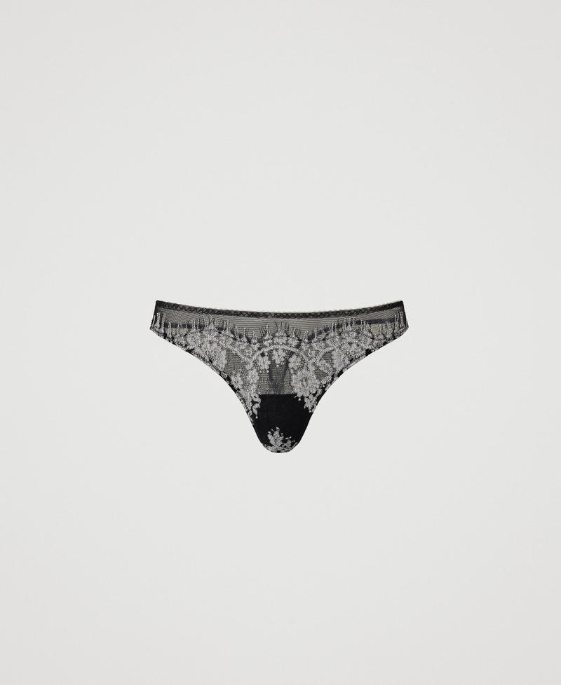 Tulle and lace g-string Two-tone Black / Mother-of-pearl Woman 232LL6B88-0S