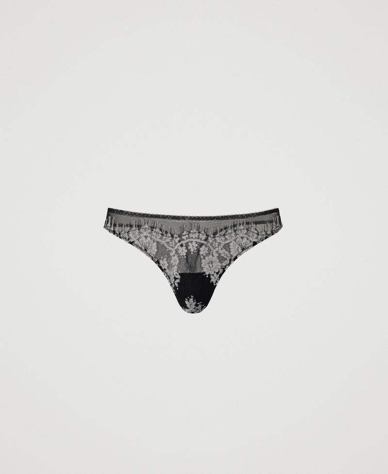 Tulle and lace g-string Two-tone Black / Mother-of-pearl Woman 232LL6B88_11107_0S