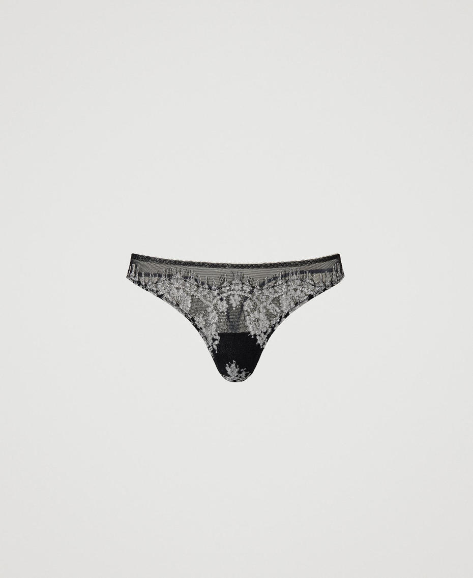 Tulle and lace g-string Two-tone Black / Mother-of-pearl Woman 232LL6B88_11107_S0