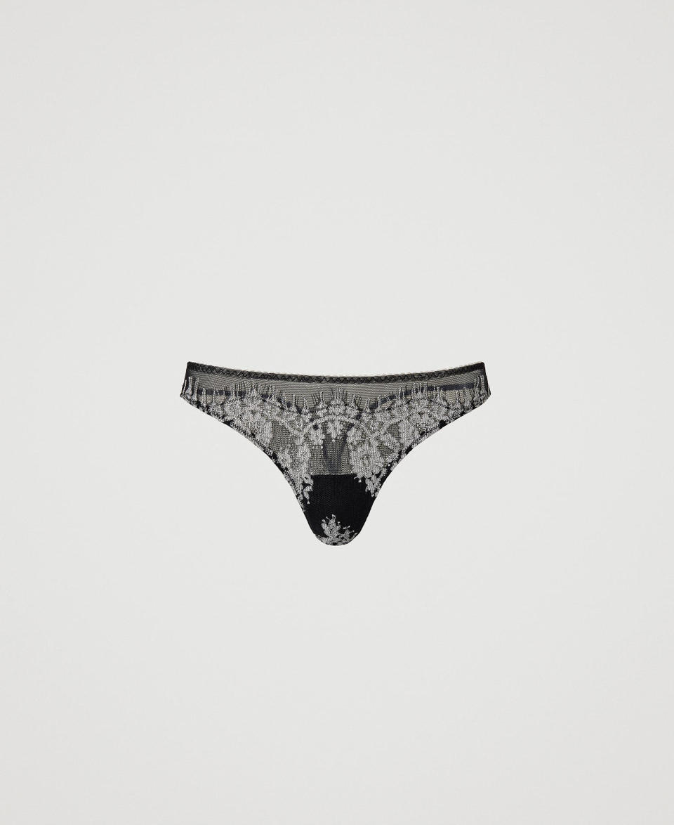 Tulle and lace g-string Two-tone Black / Mother-of-pearl Woman 232LL6B88_11107_0S