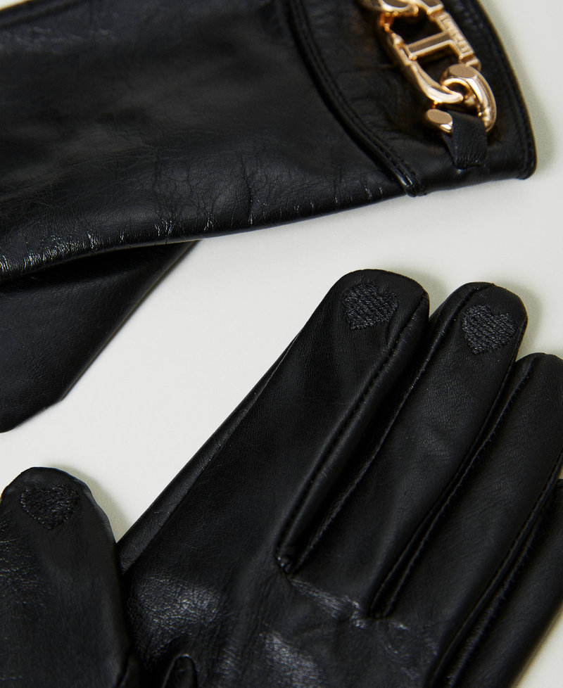 Leather gloves with Oval T Woman, Black | TWINSET Milano