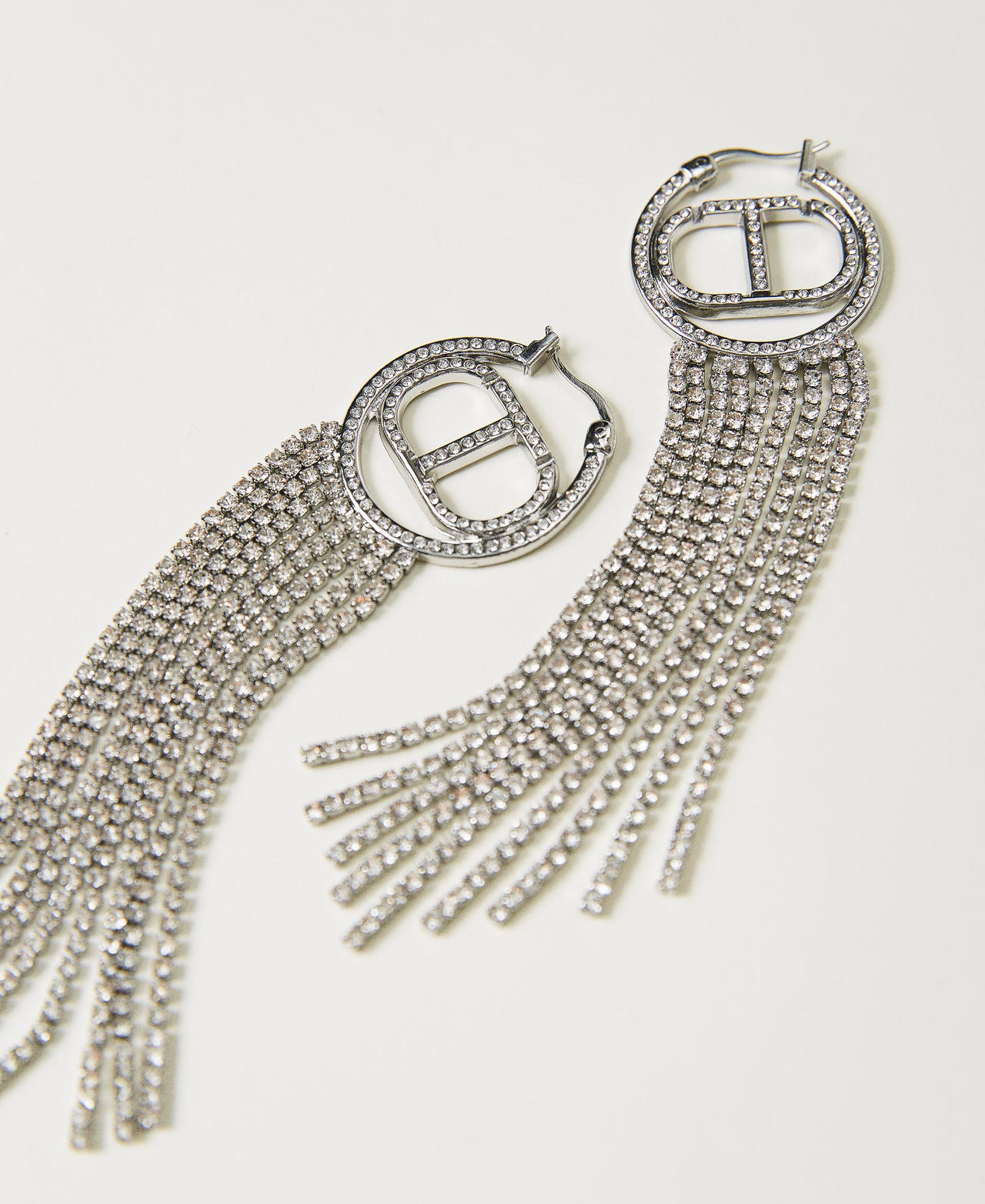 Earrings with Oval T and rhinestone fringes