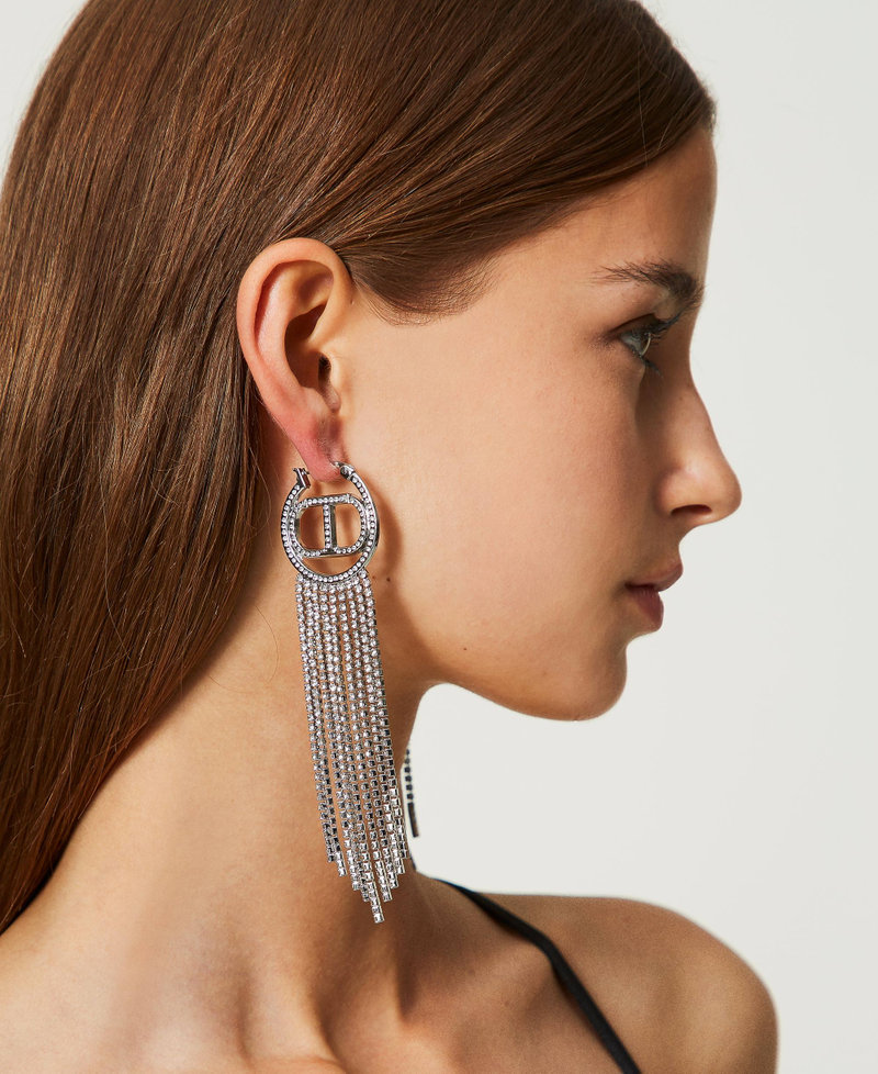 Earrings with Oval T and rhinestone fringes
