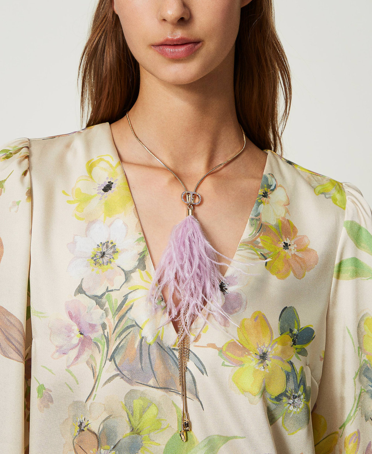 Choker with feathers and fringes "Lavendula” Purple Woman 232TA4078_10782_0S
