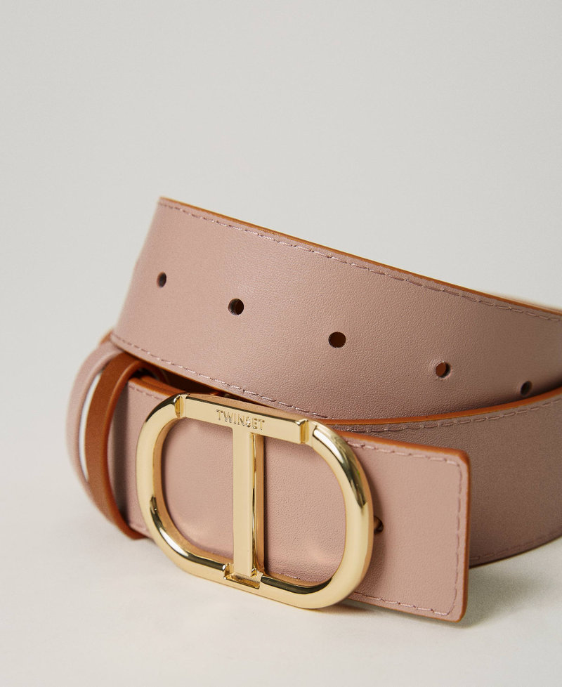 Reversible leather belt with Oval T Two-tone Leather Brown / "Blushing Bride” Pink Woman 232TA4222_10856_02