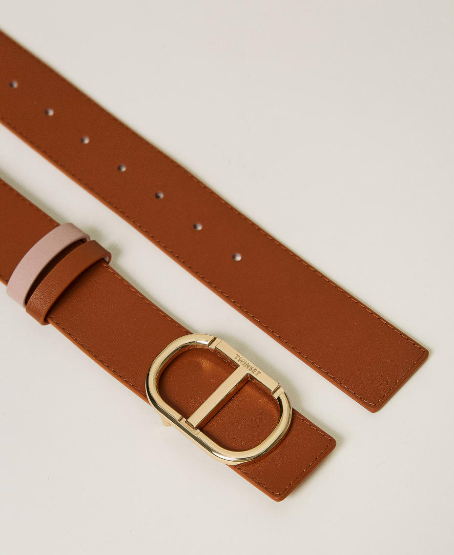 Reversible leather belt with Oval T Two-tone Leather Brown / "Blushing Bride” Pink Woman 232TA4222_10856_03