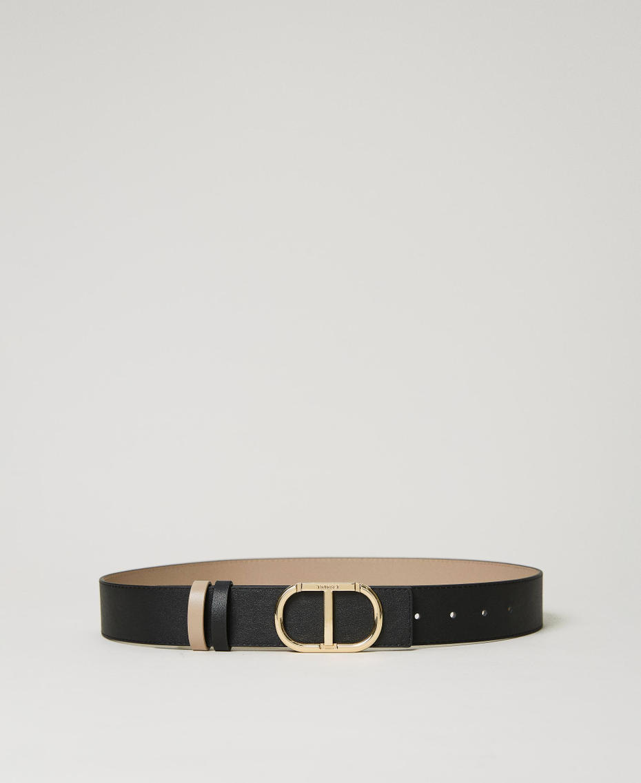 Reversible leather belt with Oval T Two-tone Black / “Light Taupe” Beige Woman 232TA4222_10857_01