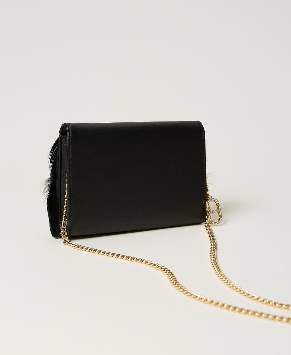 Borsa clutch con piume e Oval T strass