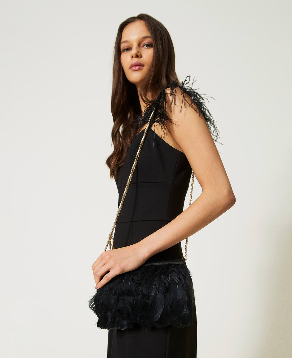 Borsa clutch con piume e Oval T strass
