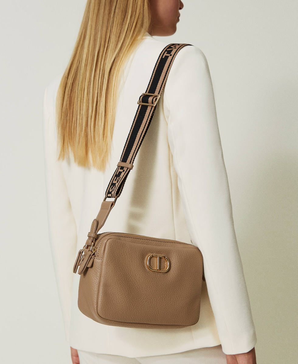 Bag with logo ribbon shoulder strap
