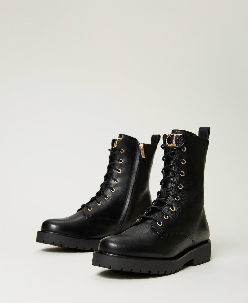 Leather combat boots with Oval T and rhinestones Woman, Black | TWINSET ...