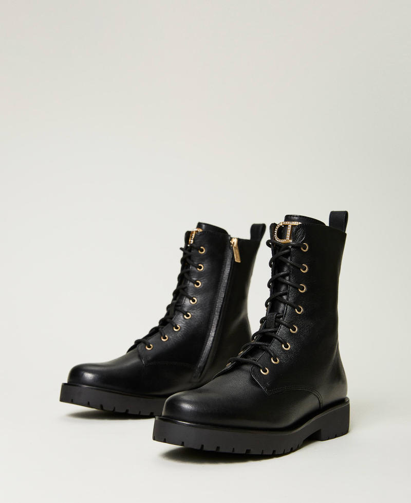 Leather combat boots with Oval T and rhinestones