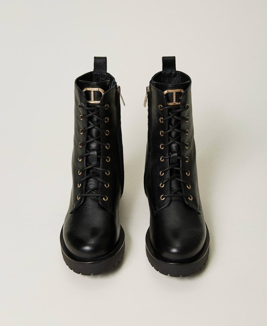 Leather combat boots with Oval T and rhinestones Black Woman 232TCP054-04