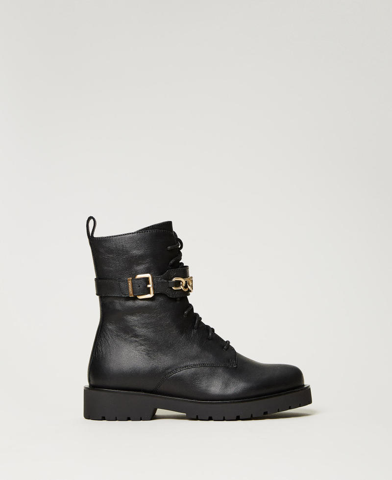 Bottines motardes en cuir avec chaîne Oval T
