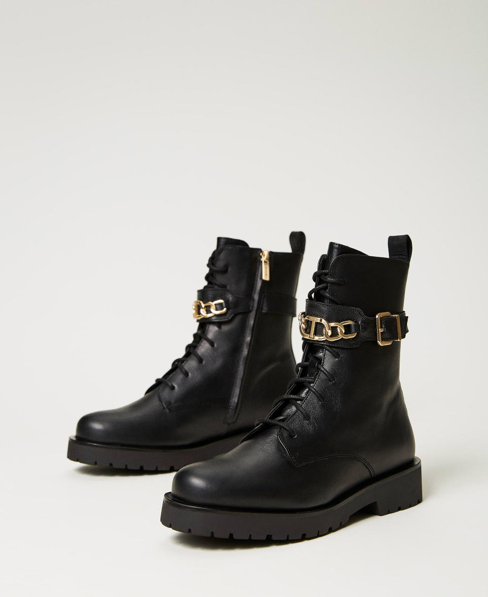 Leather combat boots with Oval T chain Black Woman 232TCP060_00006_02