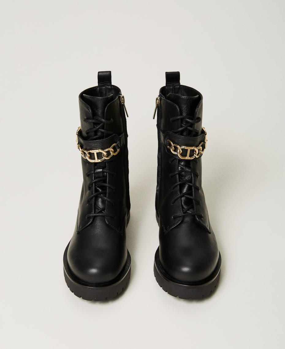 Leather combat boots with Oval T chain Black Woman 232TCP060-04