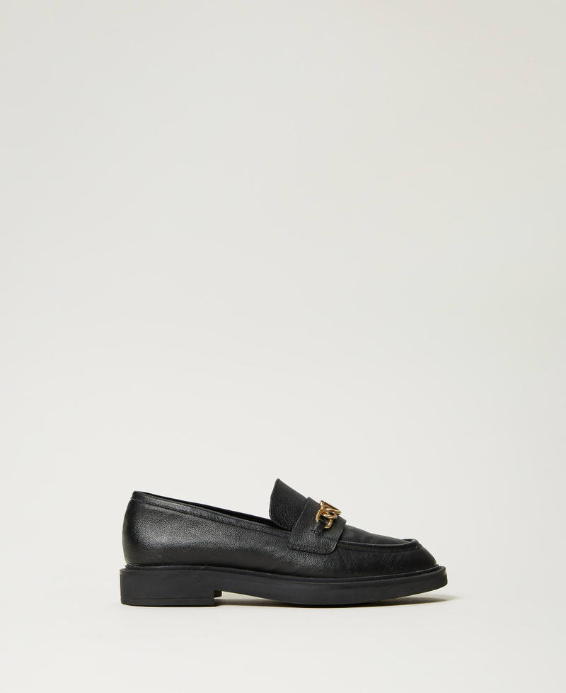 Leather loafers with Oval T chain Woman, Black | TWINSET Milano