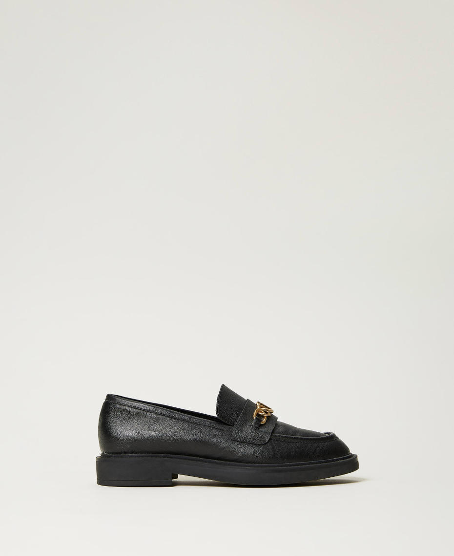 Leather loafers with Oval T chain Black Woman 232TCP066-01