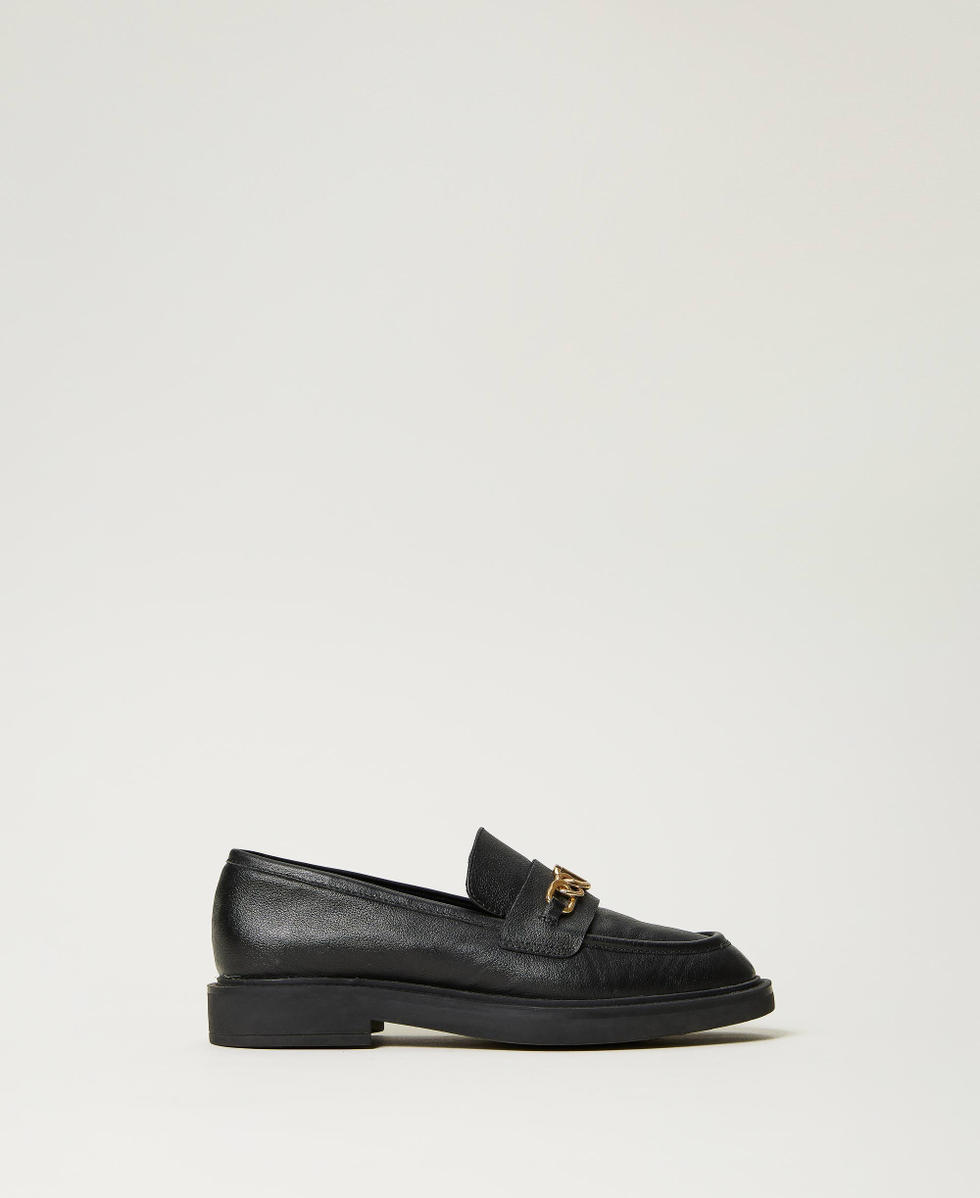 Mocassins en cuir avec chaine Oval T Femme Noir TWINSET Milano
