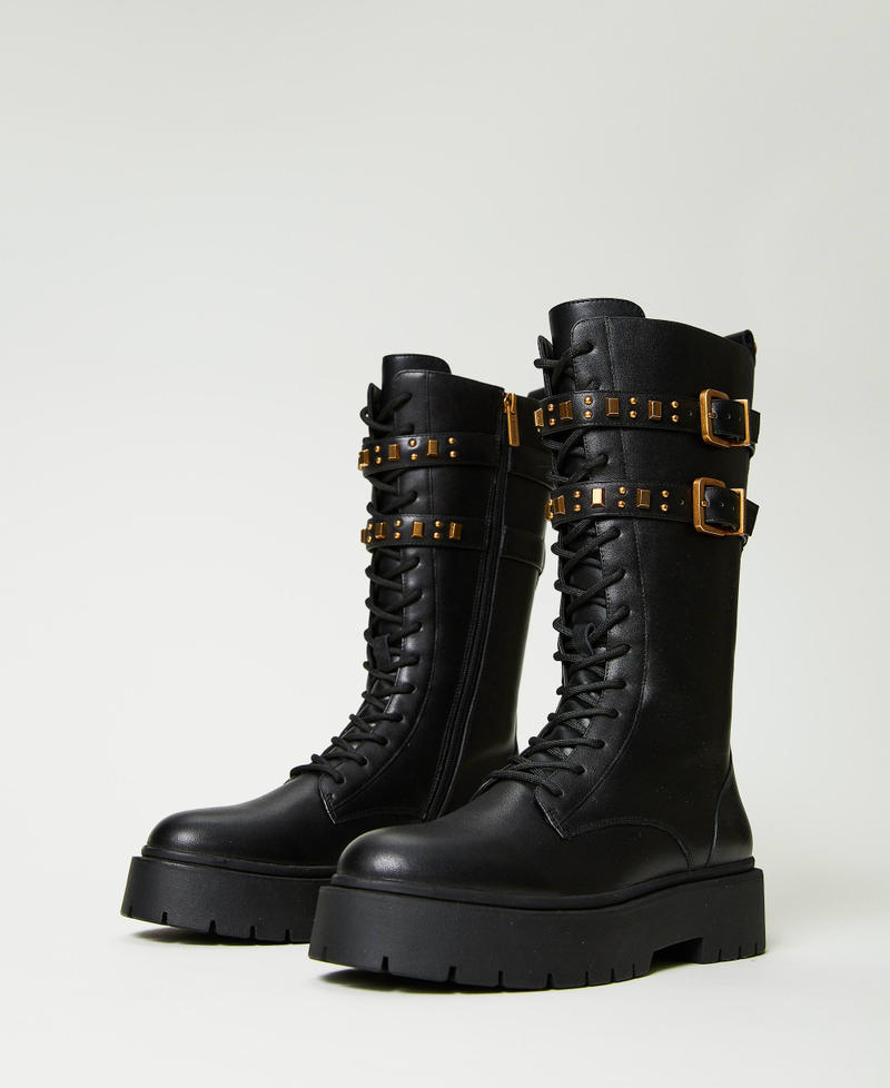 Leather combat boots with straps Woman Black TWINSET Milano