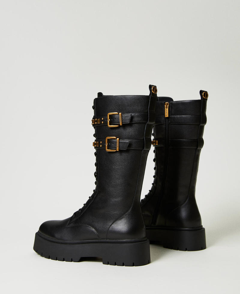 Leather combat boots with straps Woman, Black TWINSET Milano