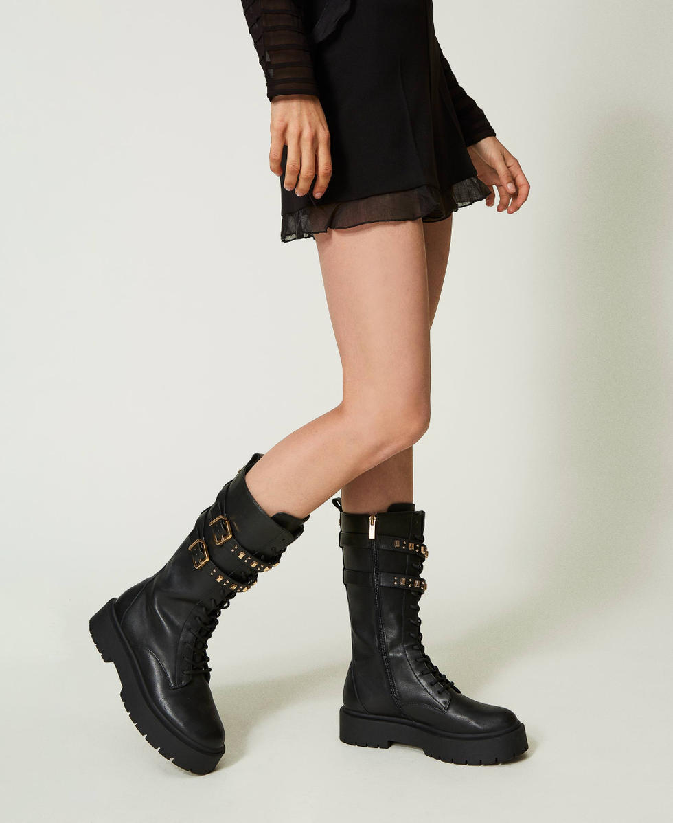 Leather combat boots with straps