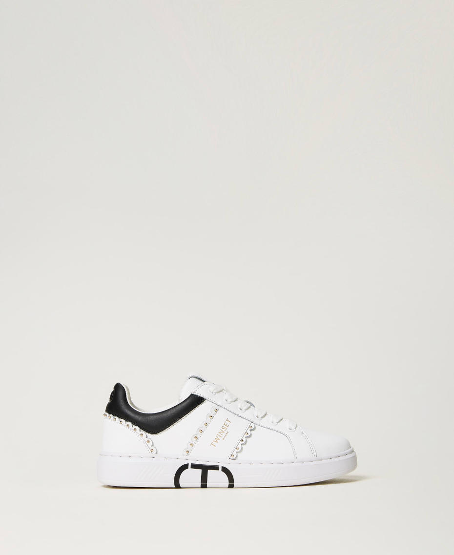 Leather trainers with studs and scalloping Bicolour Off White / Black Woman 232TCP220_02722_01