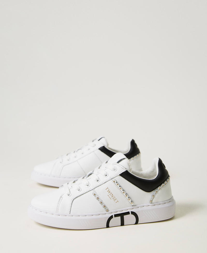 Leather trainers with studs and scalloping Bicolour Off White / Black Woman 232TCP220_02722_02