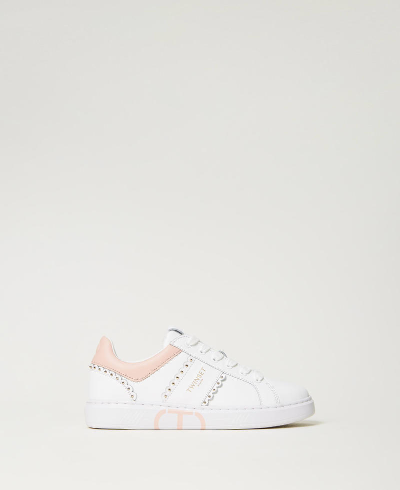 Leather trainers with studs and scalloping Two-tone Off White / Misty Pink Woman 232TCP220_10800_01