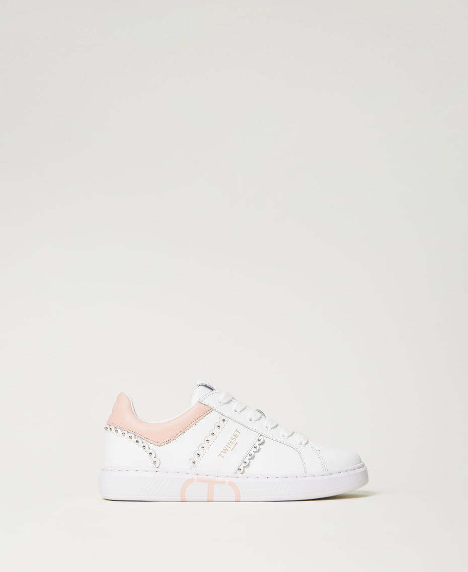 Leather trainers with studs and scalloping Two-tone Off White / Misty Pink Woman 232TCP220_10800_01