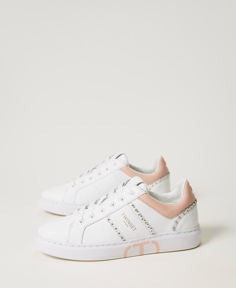 Leather trainers with studs and scalloping Two-tone Off White / Misty Pink Woman 232TCP220_10800_02