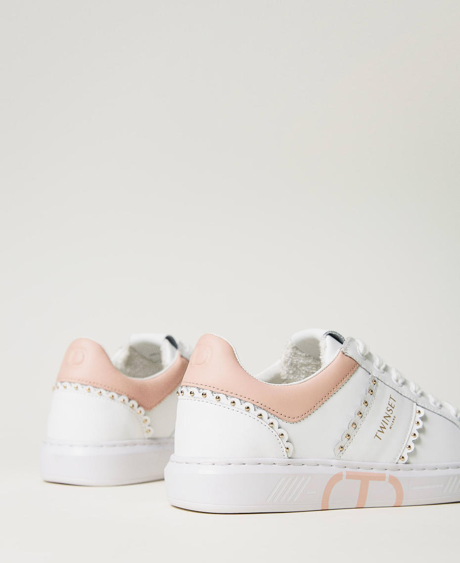 Leather trainers with studs and scalloping Two-tone Off White / Misty Pink Woman 232TCP220_10800_03